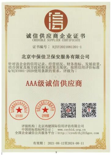 诚信供应商企业证书