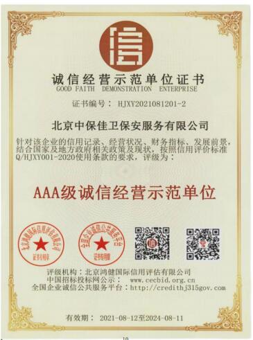 诚信经营示范单位证书